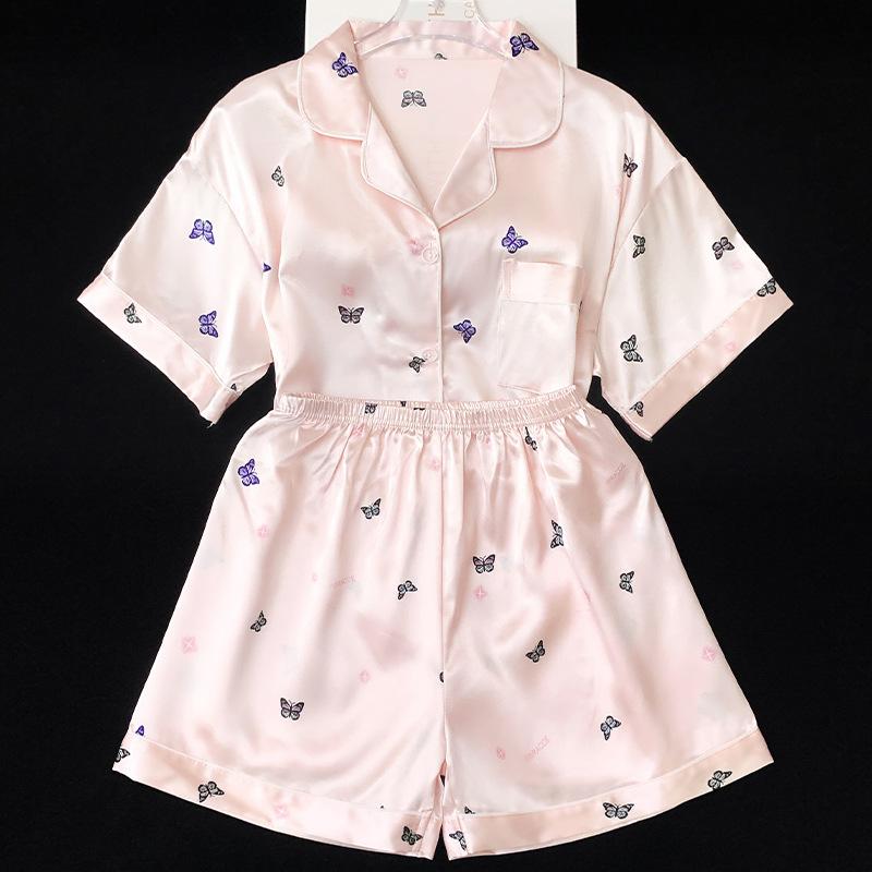 Fairy Wind Pink Butterfly Print Cool Ice Silk Pajamas Women'S Summer Short Sleeve Large Size Set
