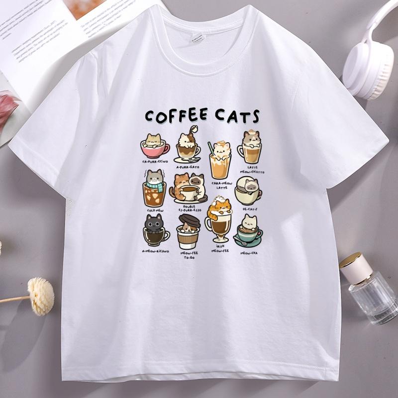 Coffee Cats T Shirt Funny Kawaii Cats Cotton Short Sleeve Round Neck Printed Tshirts Printed Summer Tshirt Casual Loose