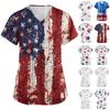 Women's Fashionable V-Neck Short-Sleeved Work Top With Pockets And Independence Day Print  Uniform