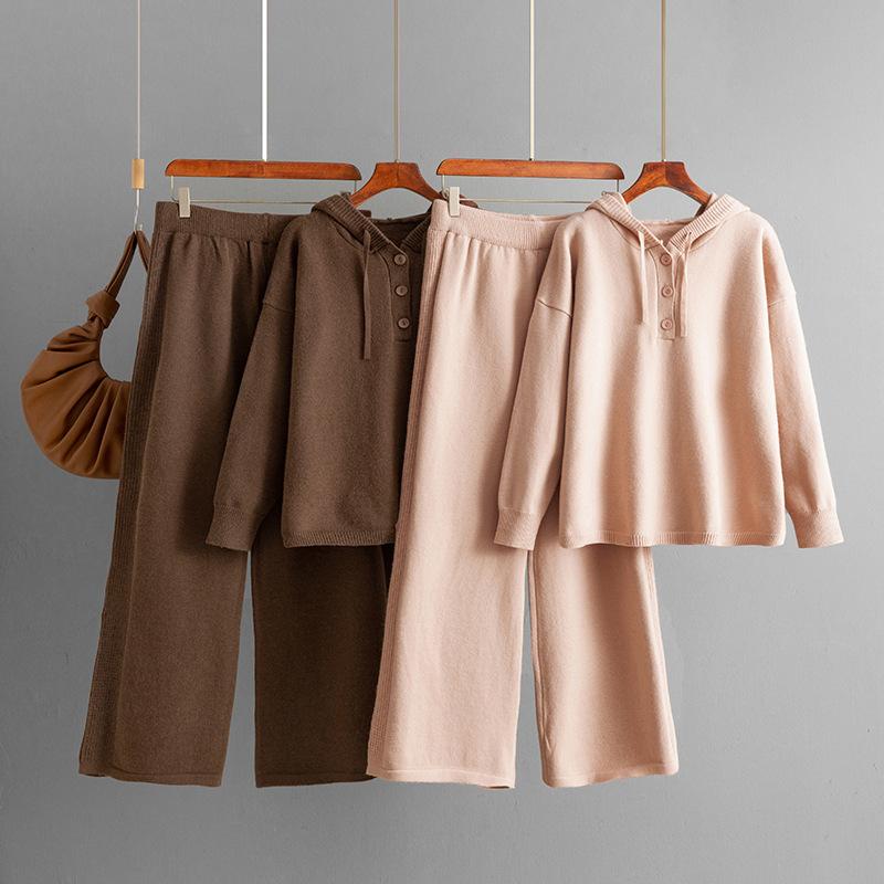 A New Autumn and Winter Knitwear Set Featuring A Hooded, Loose-buttoned Sweater and Wide-leg Pants for Women
