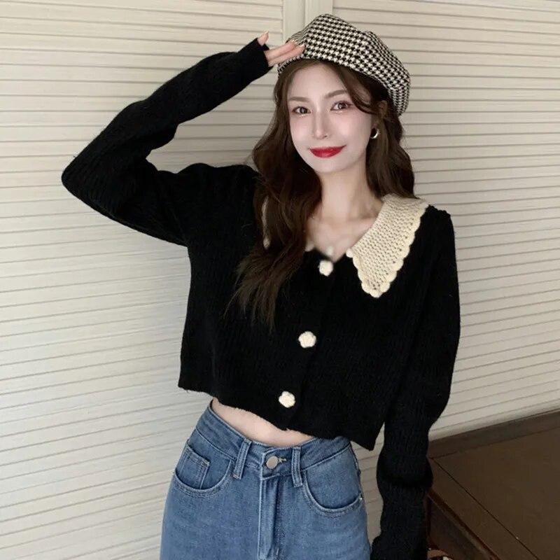 

Укороченный топ с длинными рукавами и пуговицами спереди, трикотаж, воротник с лацканами и цветными блоками, кардиган, свитера для женщин One Size