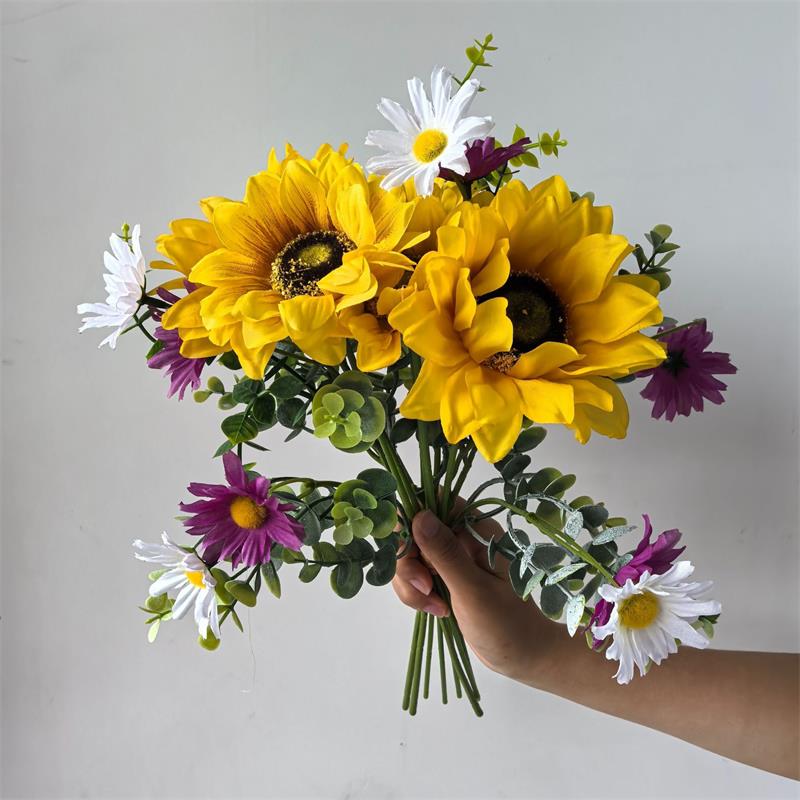 Artificial Sunflower Bouquet for Wedding Bridal Holding Flowers Fake Silk Sunflower with White Small Daisy Flower for Bride Bridesmaid Wedding Party