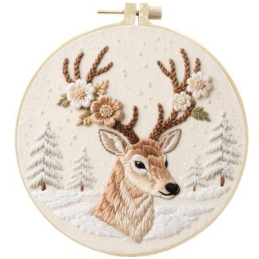 1 set Kit Broderie DIY Cerbul Pădurea de Zăpadă include unelte și tutoriale de puncte potrivite pentru începători, și este un kit de materiale pentru broderie pe țesătură.