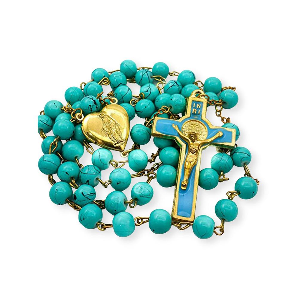 Saint Benedict Rosary Turquoise Glass Beads St. San Benito Cross Nr Medal Catholic Necklace