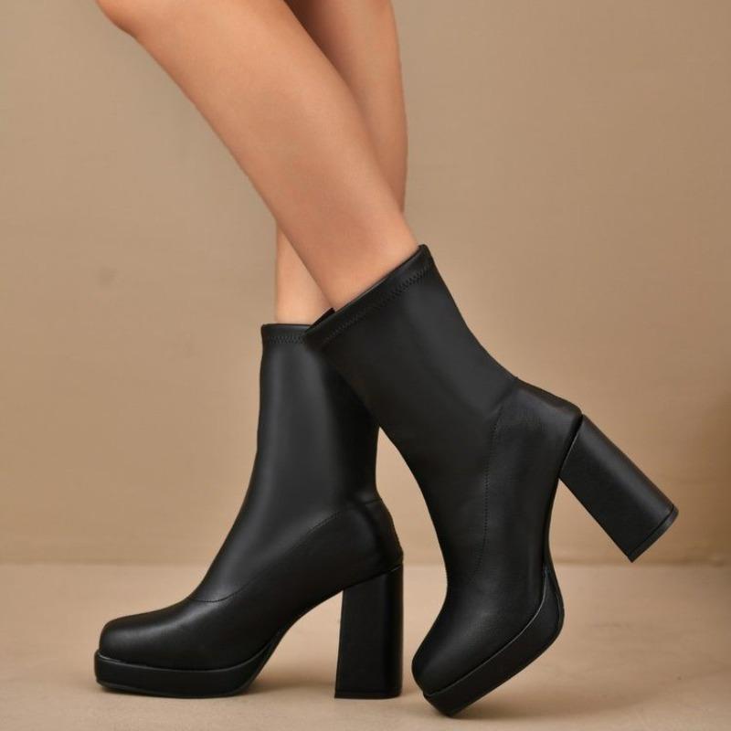 Fashion Women's Fashion Boots Autumn Winter High Heel Slip-on Round Toe Thick Heel Low Tube Leather Boots Comfortable Polyurethane Shoes