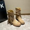 Retro wasteland fringed knight boots autumn design thick heel but knee Martin boots versatile fashion mid boots