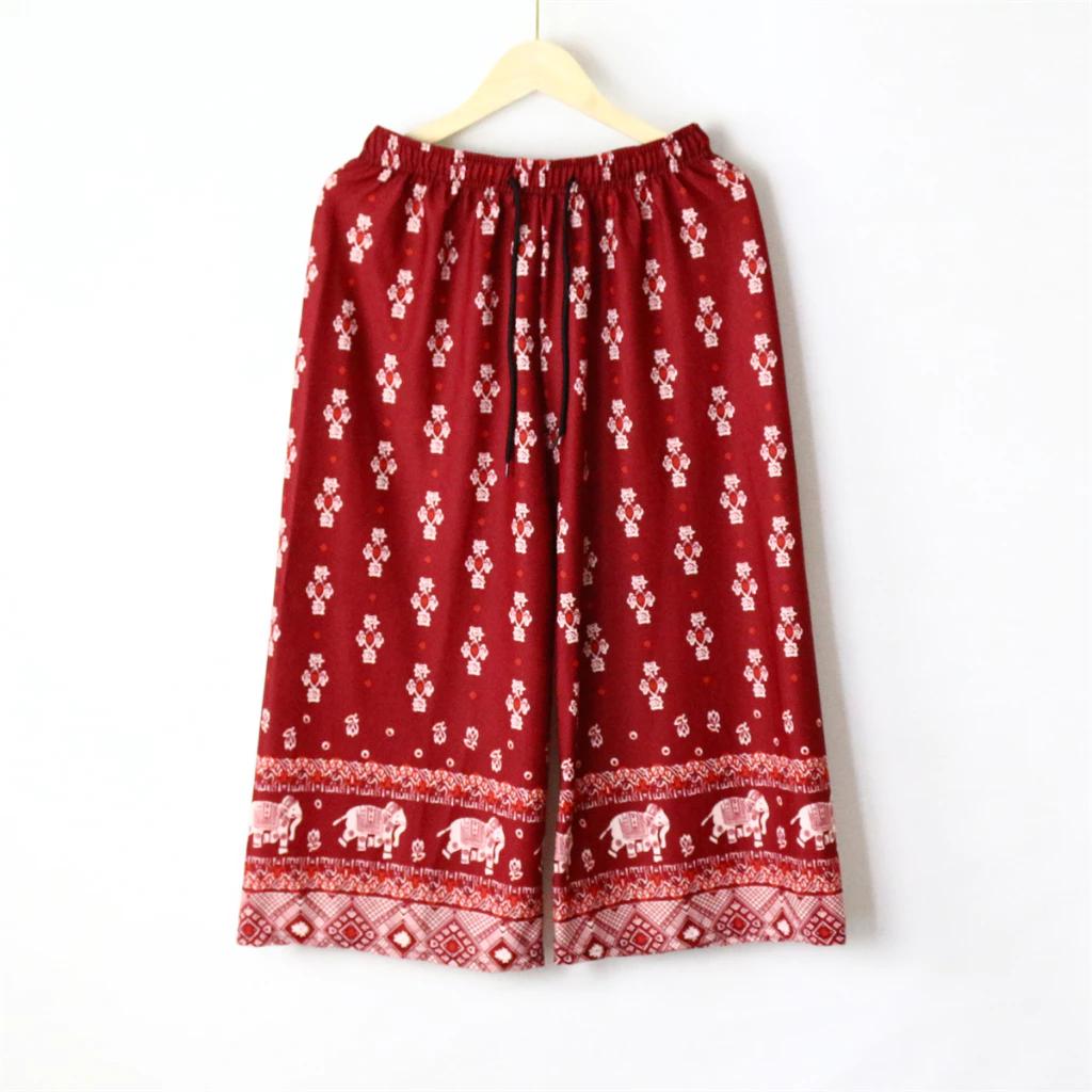 Elephant Capris Crop Pants Adjustable Elastic Waistband Rope Loose Legs Women Men Unisex Print Thailand Casual Streetwear Beach Bohemian Retro Vintage