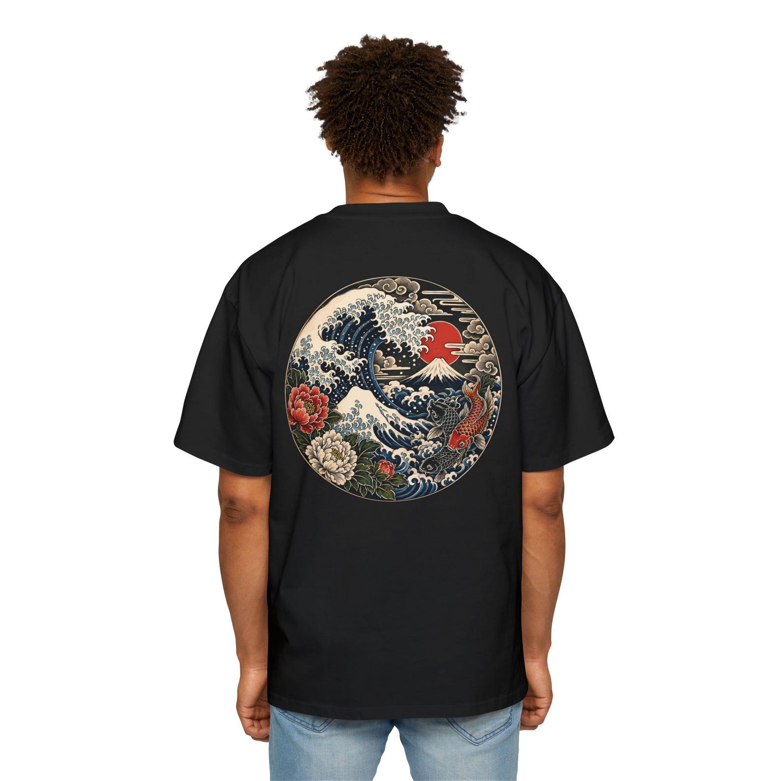 The Great Wave Series I - Koi Moon T-Shirt, Japanese Koi Shirt I Hokusai Inspired Wave Tee I Ocean Art Back Print 4XL