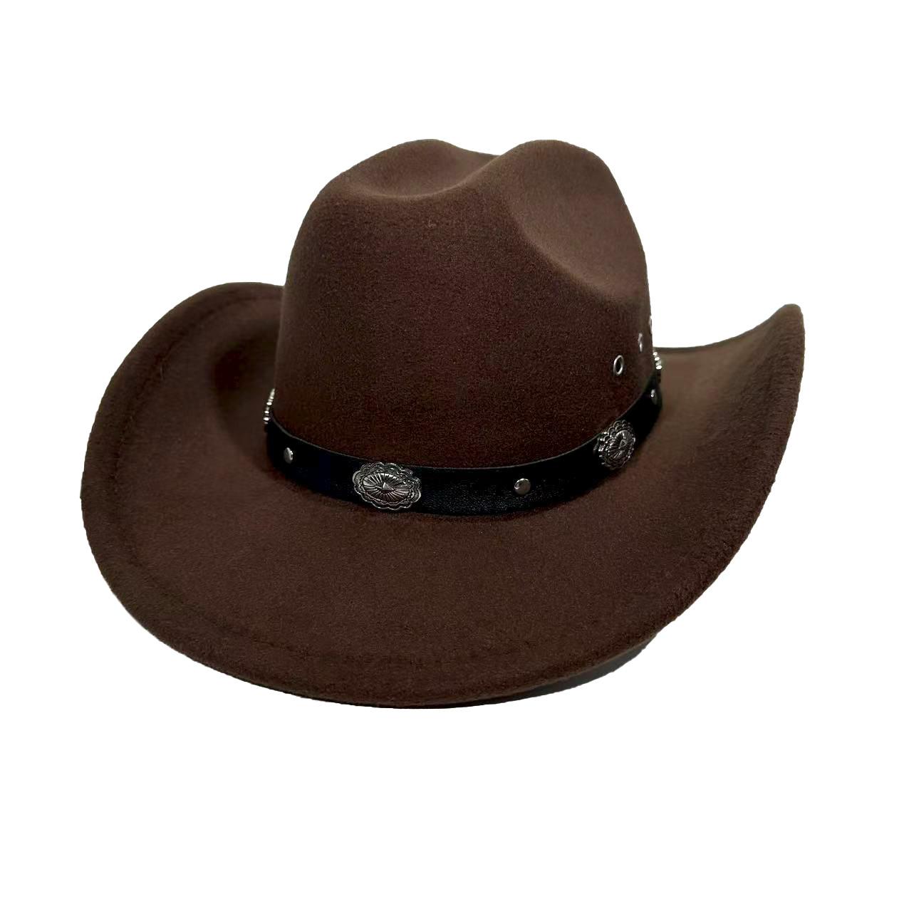 

New One-Word Western Cowboy Hat Men S And Women S Woolen Top Hat Big Eaves Hat Ethnic Jazz Hat M（56-58cm） темно-коричневого кольору