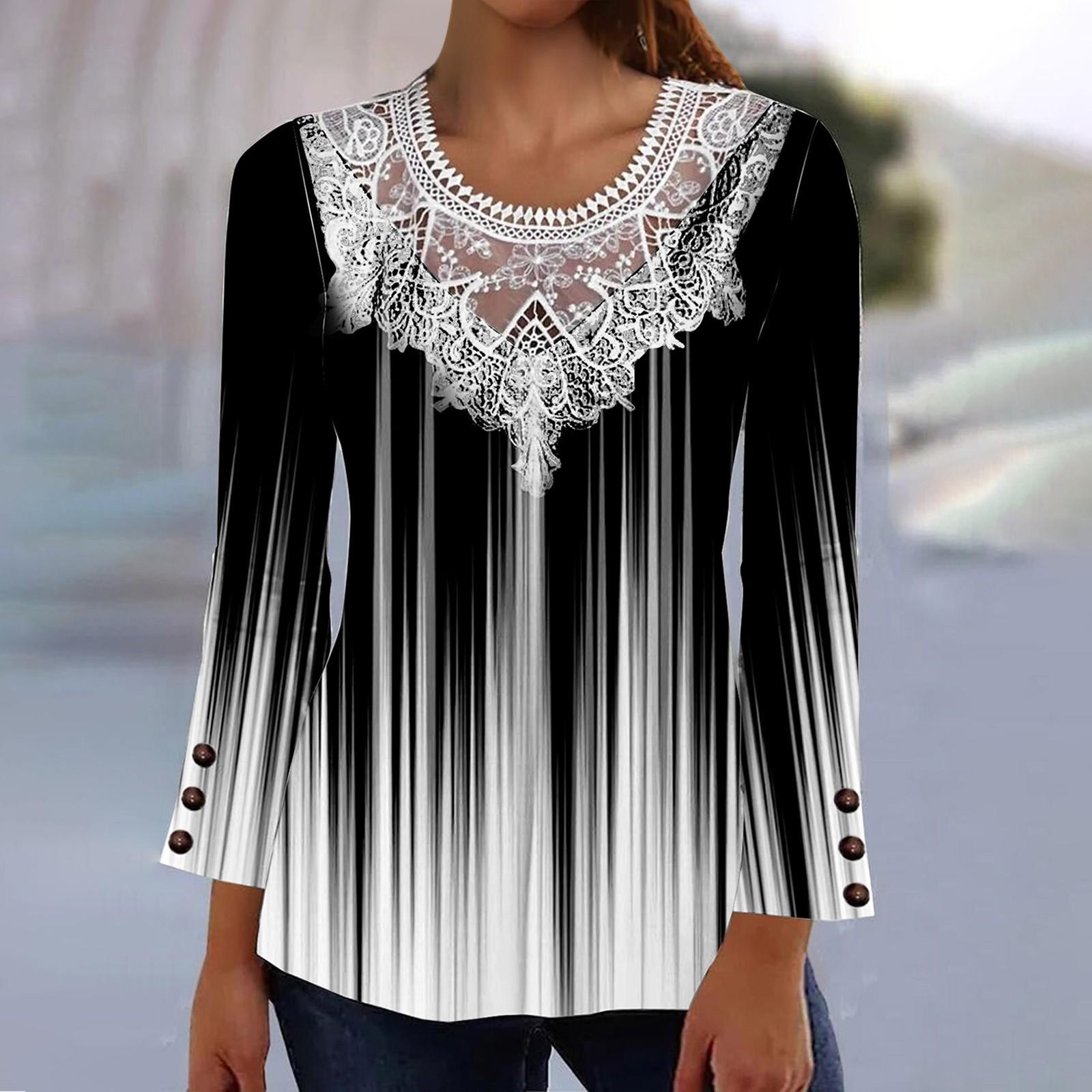 

Женская рубашка-блузка O Кружевной вырез с принтом и длинным рукавом Повседневные праздничные базовые топы на пуговицах XXL