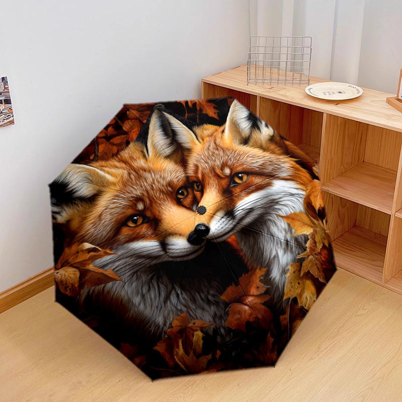 1 Stück Automatischer Faltregenschirm - Herbstfuchs-Muster, Tragbares & Faltbares Design mit 8 Speichen, Weihnachts-Geburtstagsgeschenke