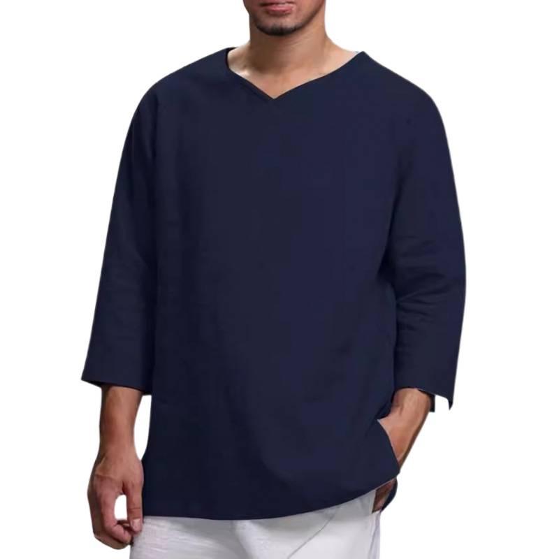 Camicia da Uomo a Maniche Lunghe con Scollo a V in Cotone e Lino - Top dalla Vestibilità Ampia