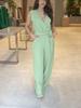 2024 Spring Women's Solid V-Neck Sleeveless Tie-Waist High-Waist Wide-Leg Jumpsuit