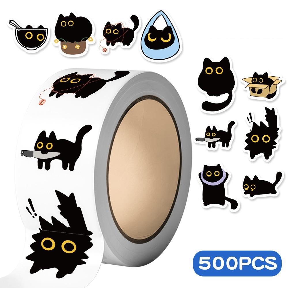 500Pcs/Roll Self-adhesive Cat Stickers Cartoon Graffiti Stickers Black Cat Stickers  Stationery