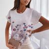 Women's summer V-neck loose short-sleeved white fashionable women's T-shirt 3D center flower small fresh top casual clothes