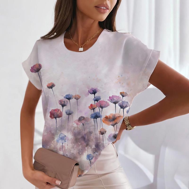 Women's summer V-neck loose short-sleeved white fashionable women's T-shirt 3D center flower small fresh top casual clothes