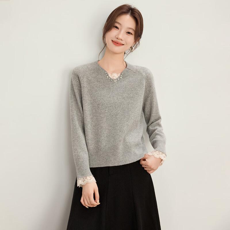 Shexi 100% Wool Knit Sweater with Lace Trim