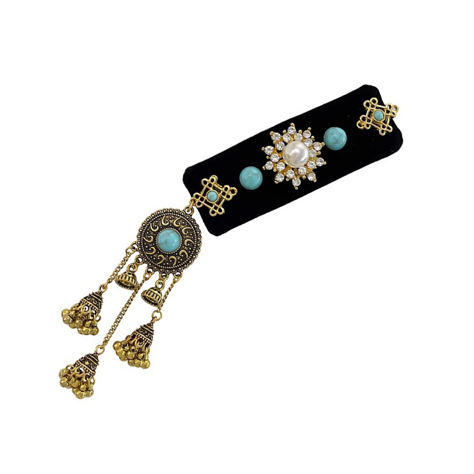 

Черная бархатная заколка для волос с кисточками из бирюзы, этнический стиль, женский головной убор, элегантное свадебное украшение для волос, аксессуары