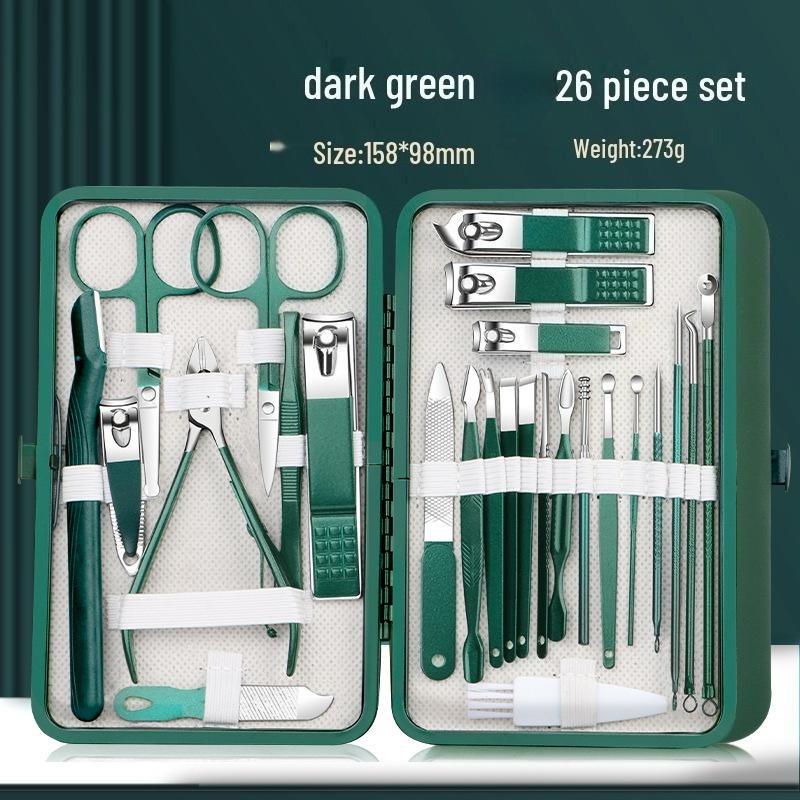 

High Quality 26-Piece Stainless Steel Manicure Set In Dark Green Compact Case 26pcs