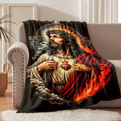 1PC Religious Themed Burning Sacred Heart Faith-printed Flannel Blanket Soft Warm Suitable for Home Travel Picnics Camping RV