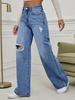 European and American large-size women's clothing new loose casual straight-leg jeans women's ripped high-waisted wide-leg pants floor-mopping pants