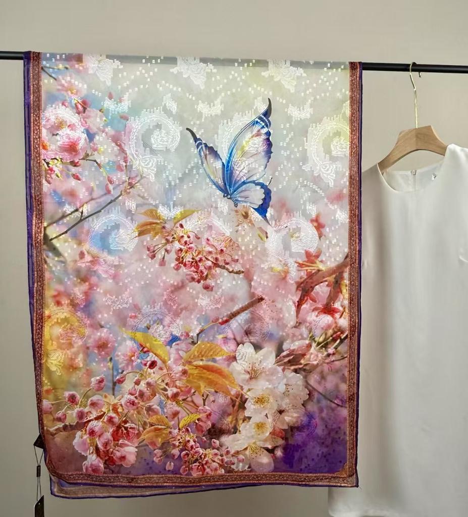 Cut Flower Silk Scarves, Women'S Summer Thin Styles, Send Mother Shawls, Middle-Aged And Elderly Scarves, Travel Photos, Beach Towels