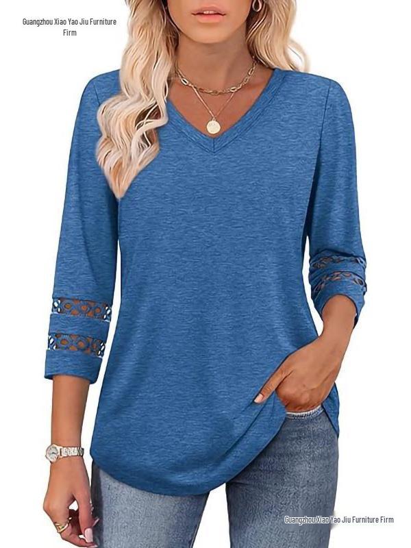 2026 Women's Fashion Solid Color V-Neck Loose Three-Quarter Sleeve Round Neck Hollow-Out Casual Top