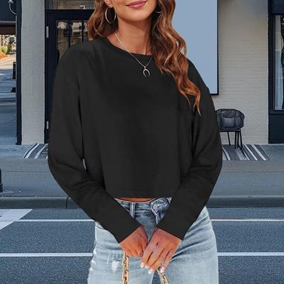 Women Tops Round Neck Long Sleeves Pullover Tops Solid Color Loose Fit Cropped Tops Casual Daily Wear