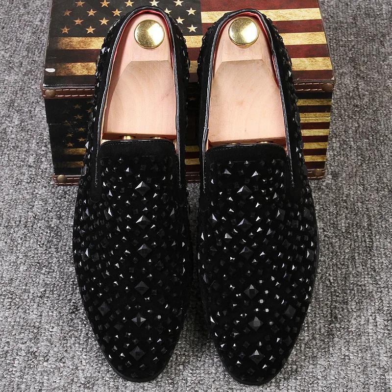 Fashion Men Leather Shoes Man Loafers Casual Fashion Mens Rhinestone Driving Shoes Man Flats Dress Wedding Slip-on Club Sneakers New