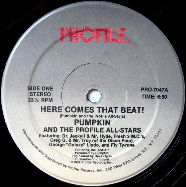 

12-дюймовая пластинка PUMPKIN THE PROFILE ALLSTARS Here Comes That Beat PRO7047 Profile Records 1984 США Рэп Хип-Хоп R&B Б/у