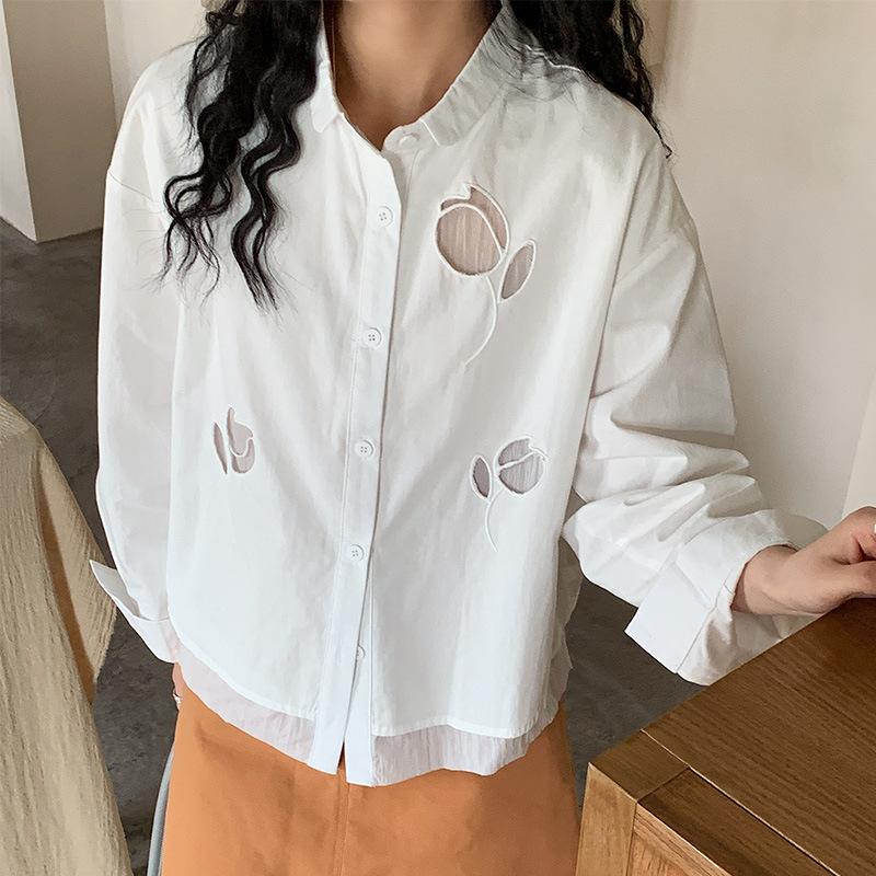 

Двухслойная полая рубашка для женщин с длинным рукавом, летняя новинка, лацкан-тюльпан, топ с длинным рукавом, рубашка One size