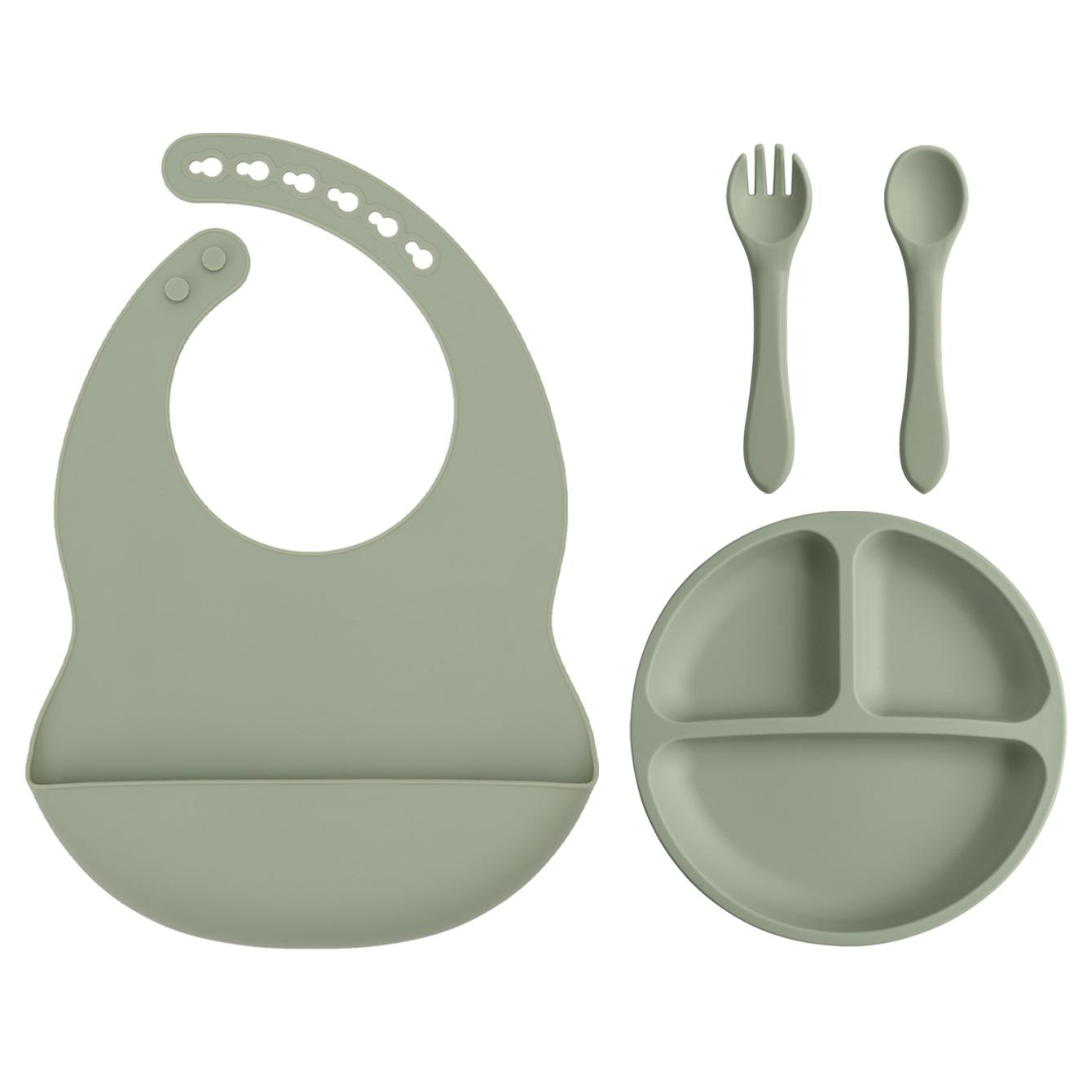 

Color Kids 4PCS Baby Silicone Feeding Set Suction Plate BPA Free Waterproof Bib Portable Spoon Fork Toddler Training Tableware