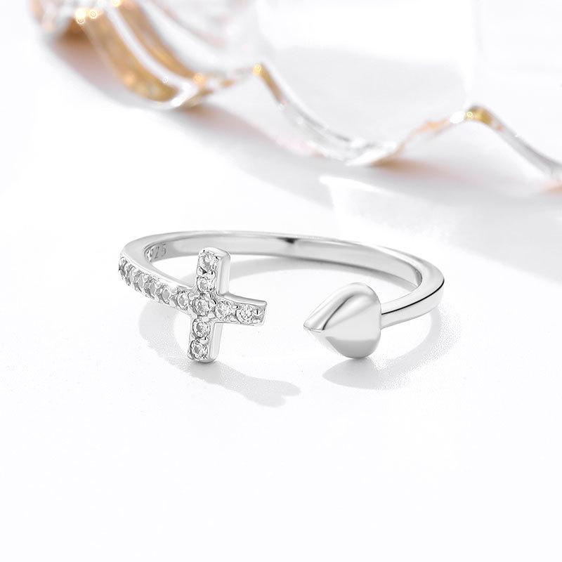 

Popular S925 Sterling Silver Heart Cross Ring for Women - Niche Fashion, Japanese and Korean Style Adjustable Open платиновый