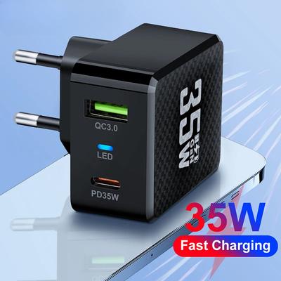 35W GaN USB Charger Quick Charge 3.0 PD Type C Fast Charging LED Wall Charger for Xiaomi IPhone 16 15 Samsung Mobile Phone Adapter