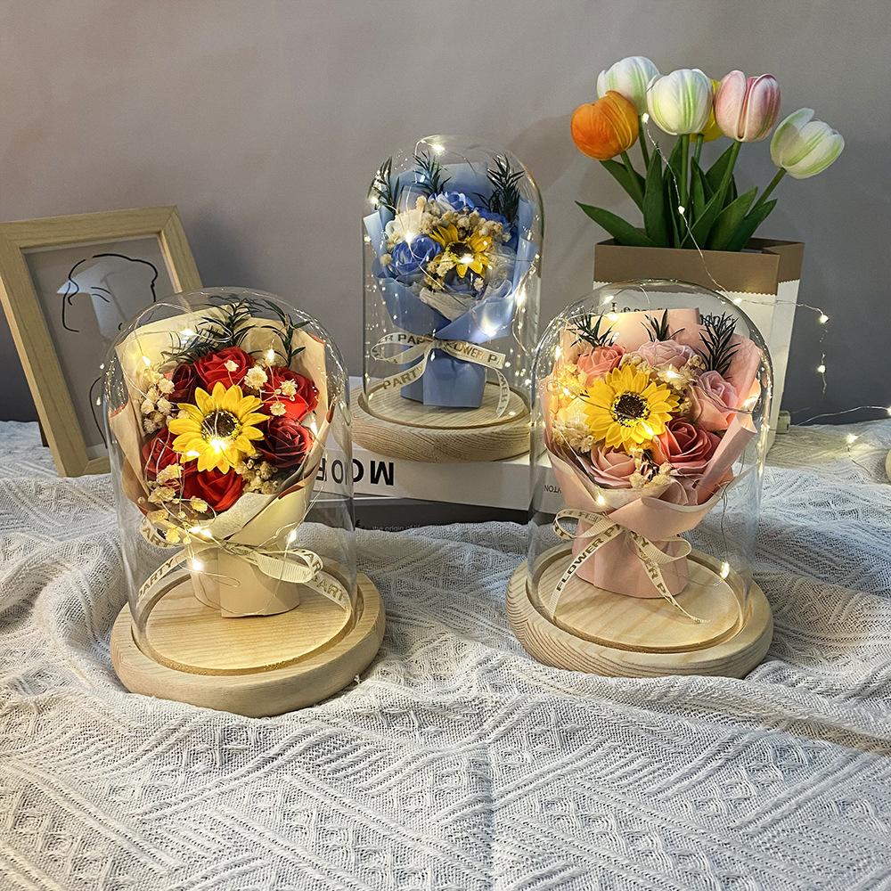 Hot-selling transparent glass cover rose flower lamp eternal flower ornament creative birthday gift graduation season sunflower