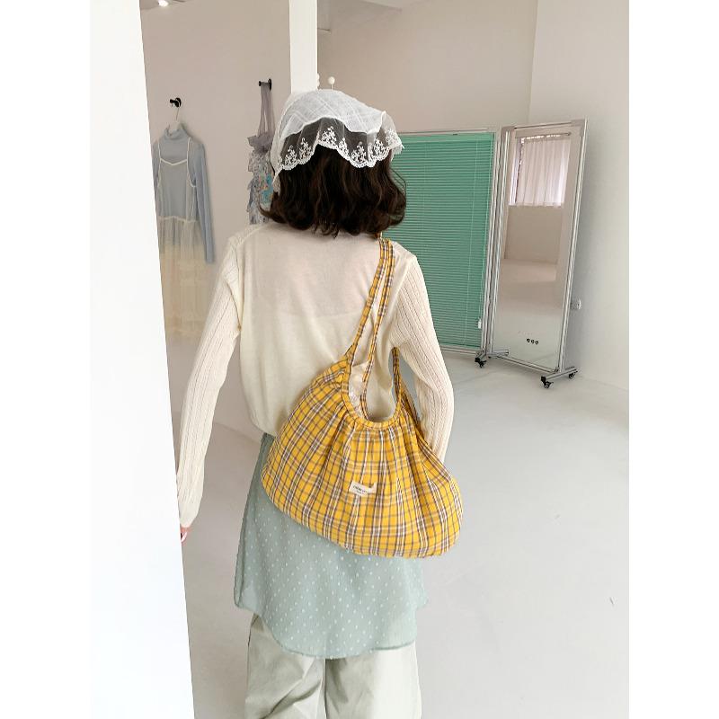 Korean Style Ruched Tote Bag, Plaid Large Capacity Shopping Handbag, Chic Versatile Single Shoulder Commuter Purse KTB