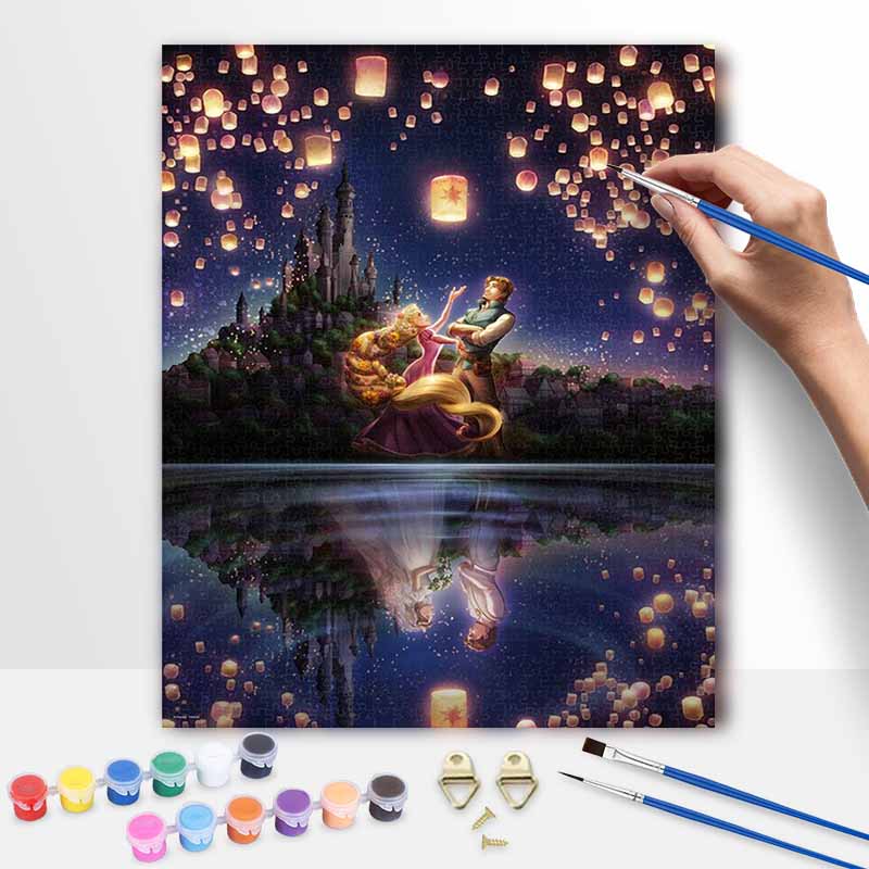 Disney DIY Oil Painting Art Painting Kit Tangled Lantern Night Home Wall Decor Handmade Gift for Lovers Romantic Scene Crafts