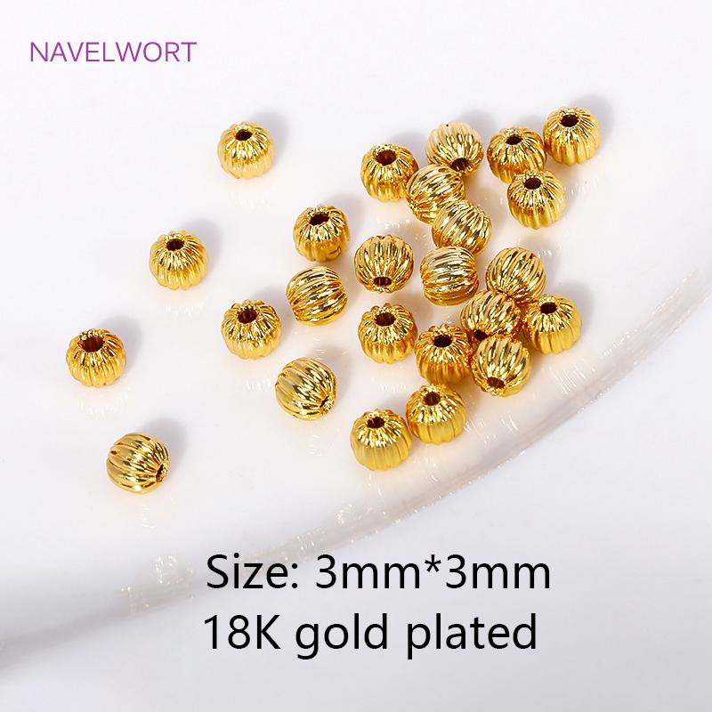 50pcs/Lot Brass 18K Gold Plated Pumpkin Spacer Beads DIY Bracelet Necklace Making Supplies Round Stripe Beads DIY Accessories