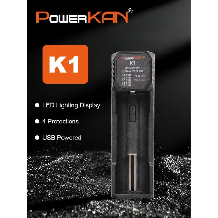 POWERKAN K1 1 Slot Smart Charger, Type-C Fast Charger for 18650 21700 26650 Li-ion Batteries