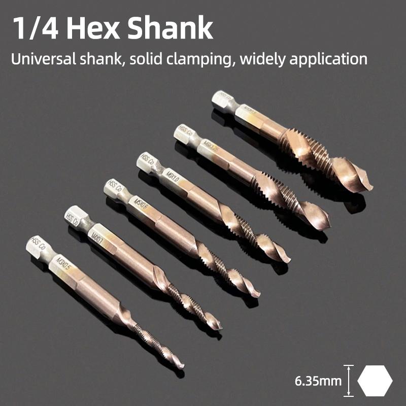 Composite Screw Tap Bit HSS-CO Tap Drill Set 1/4" Hex Spiral Tap Drill Reamer Titanium Soft Metal Thread Drilling Tapping Tools