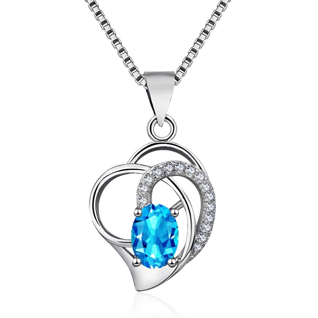 Heart-Shaped Blue Topaz Silver Necklace - Women's Simple Korean Clavicle Chain with Natural Crystal Gemstone