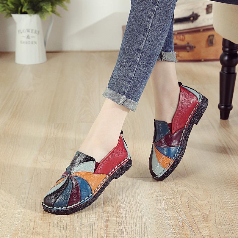 Spring new flat-soled women's shoes color matching leather women's single shoes casual large-size shoes