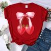 Summer Pink Bow Strawberry Design Pattern 3D Printed T-Shirts Women Crewneck Casual Multicolor Tee Tops Summer Soft Short Sleeve
