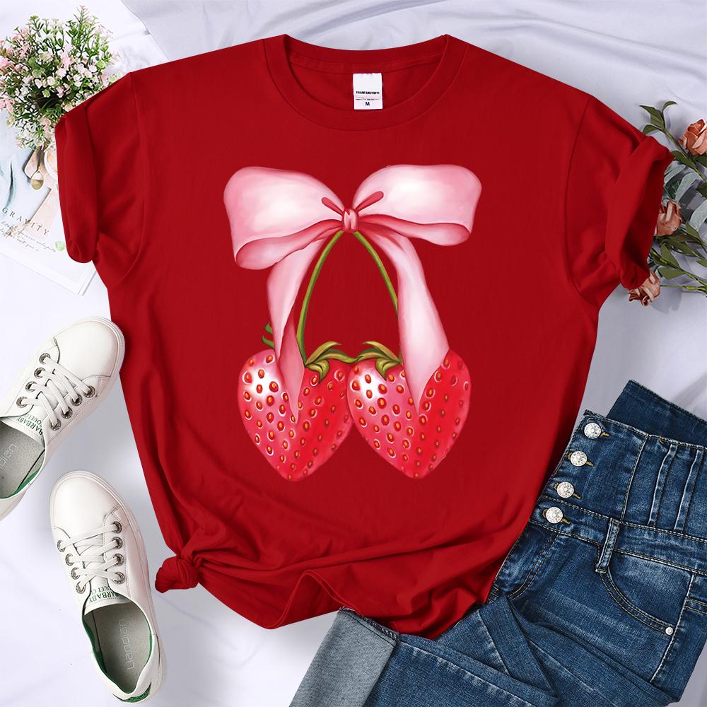 Summer Pink Bow Strawberry Design Pattern 3D Printed T-Shirts Women Crewneck Casual Multicolor Tee Tops Summer Soft Short Sleeve