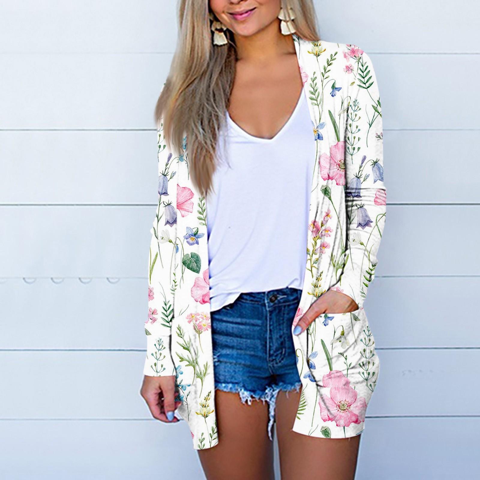 

Женская модная свободная повседневная куртка-кардиган с карманом и цветочным принтом, топы с длинными рукавами L розовый