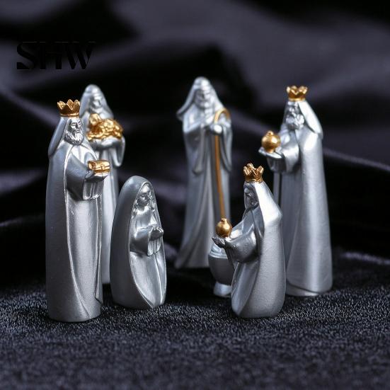 Indoor Holiday Home Decorations 8 Pcs Resin Nativity Figurines Set, Christian Scene Figures, Jesus Birth Religious Christmas Tabletop Miniature