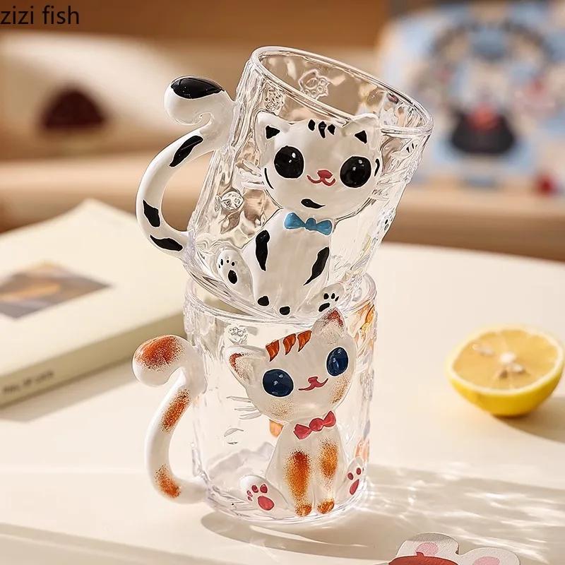 Relief handbemalte Glastasse Kreative süße Katze Kaffeetasse Latte Tasse Paar Tasse Frühstückstasse Haushaltswassertasse Teetassen