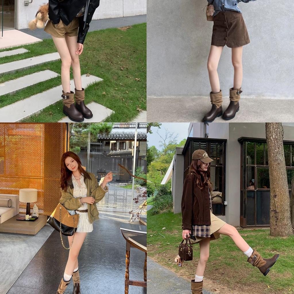 Ma Sichun of the Same Style~ Height Increase 4cm Fashionable Buckle with Round Head Splicing Thick Heel Knight Boots Women's Stacked Short Boots