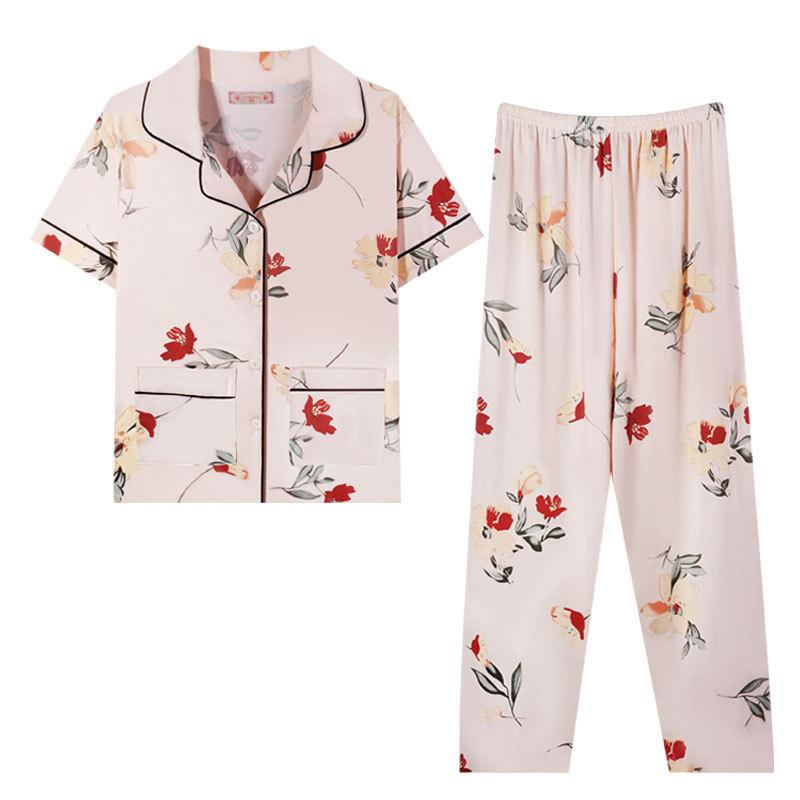Factory Middle-Aged Pajamas Pink Flower Short-Sleeved Trousers Loose Large Size Can Be Worn Outside Loungewear Suit Women