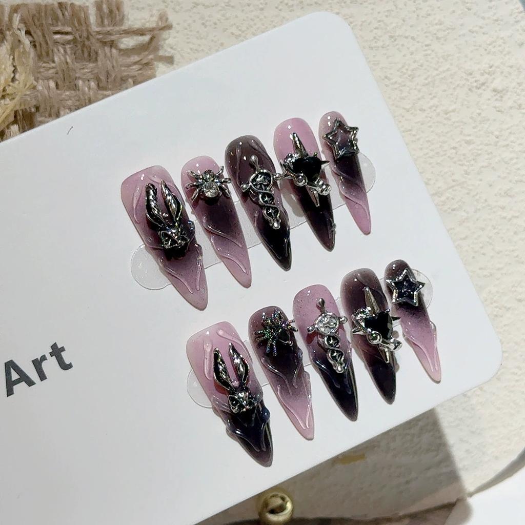 10 Pcs Y2K Black Stiletto Almond Press On Nails Handmade False Nails With 3D Bow Heart Design